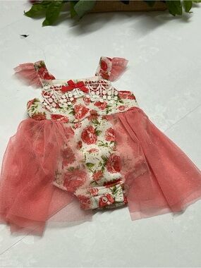 Little Lass Coral and Cream Floral Tulle Baby Romper